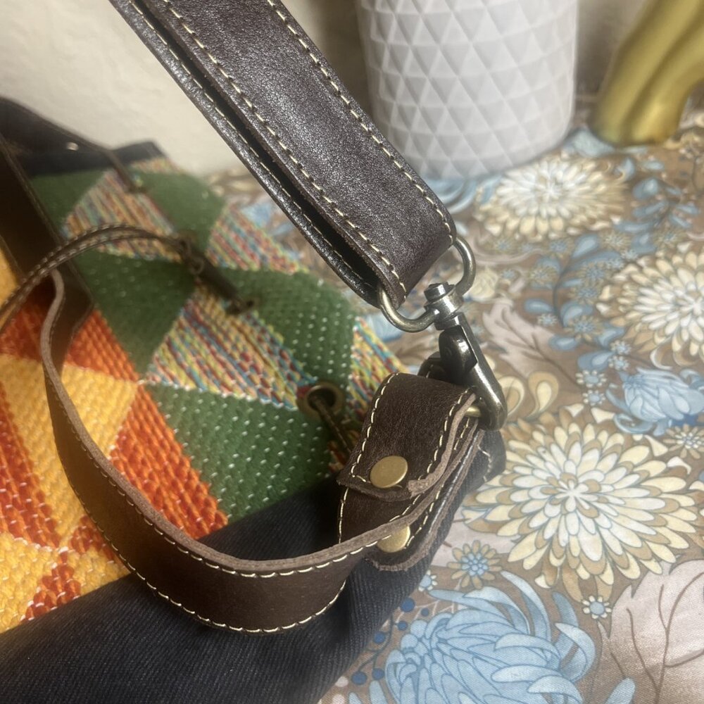 Myra Bag Handmade Bohemian Western Bucket Bag Upcycled Canvas & Cowhide Leather - Picture 10 of 16